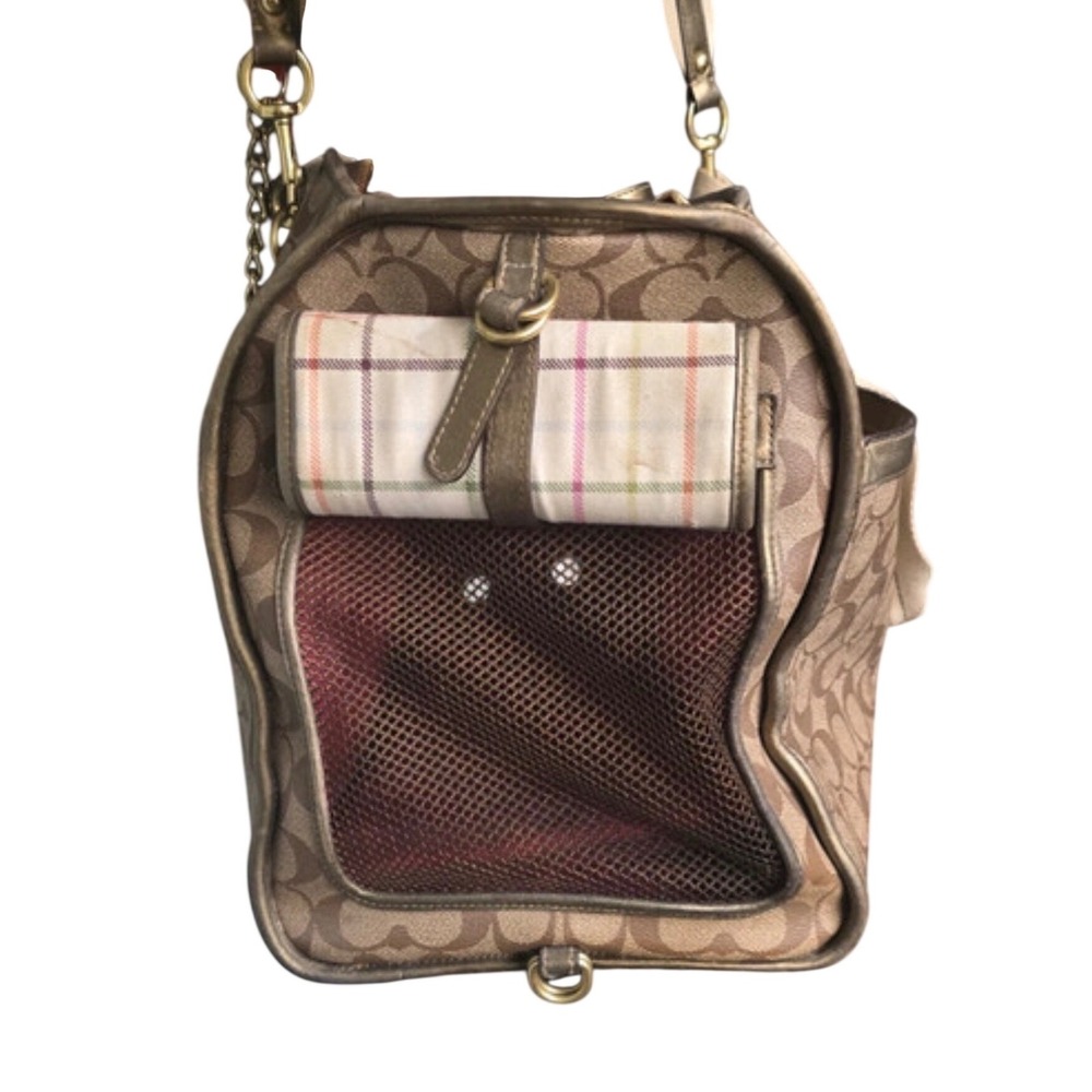 Flawed Gem! Coach Signature Heritage Stripe Pet Carrier Khaki Gold Metallic Bag - Picture 5 of 8